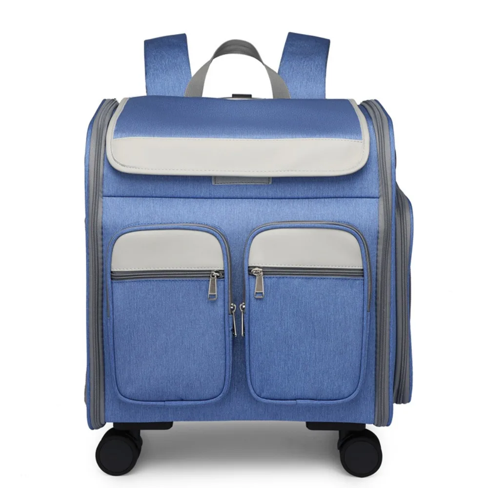 Rolling Pet Carrier Trolley Bag Large Mesh Ventilated Foldable Travel Case with Telescopic Handle for Cats Small Dogs 반려동물 캐리어