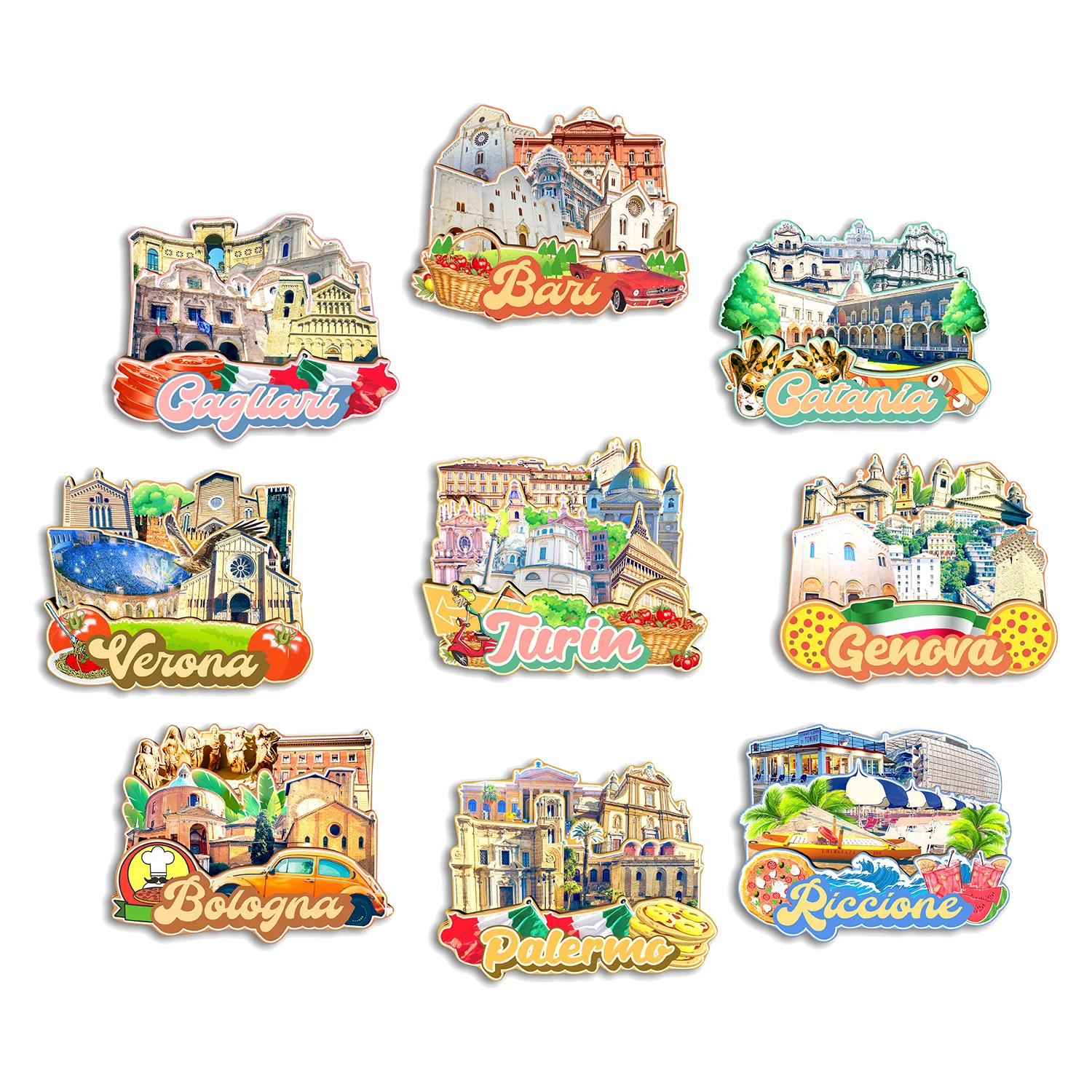 Riccione Turin Palermo Bologna Genova Verano Catania Cagliari Bari Itália Ímã de geladeira Presente de lembrança de viagem