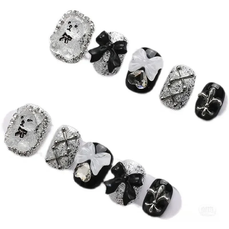 10pcs Handmade Bear & Bow Press-On Nails - Short Square Glossy Fake Nails with Cute Cartoon Bear Designs Nails for Women/Girls