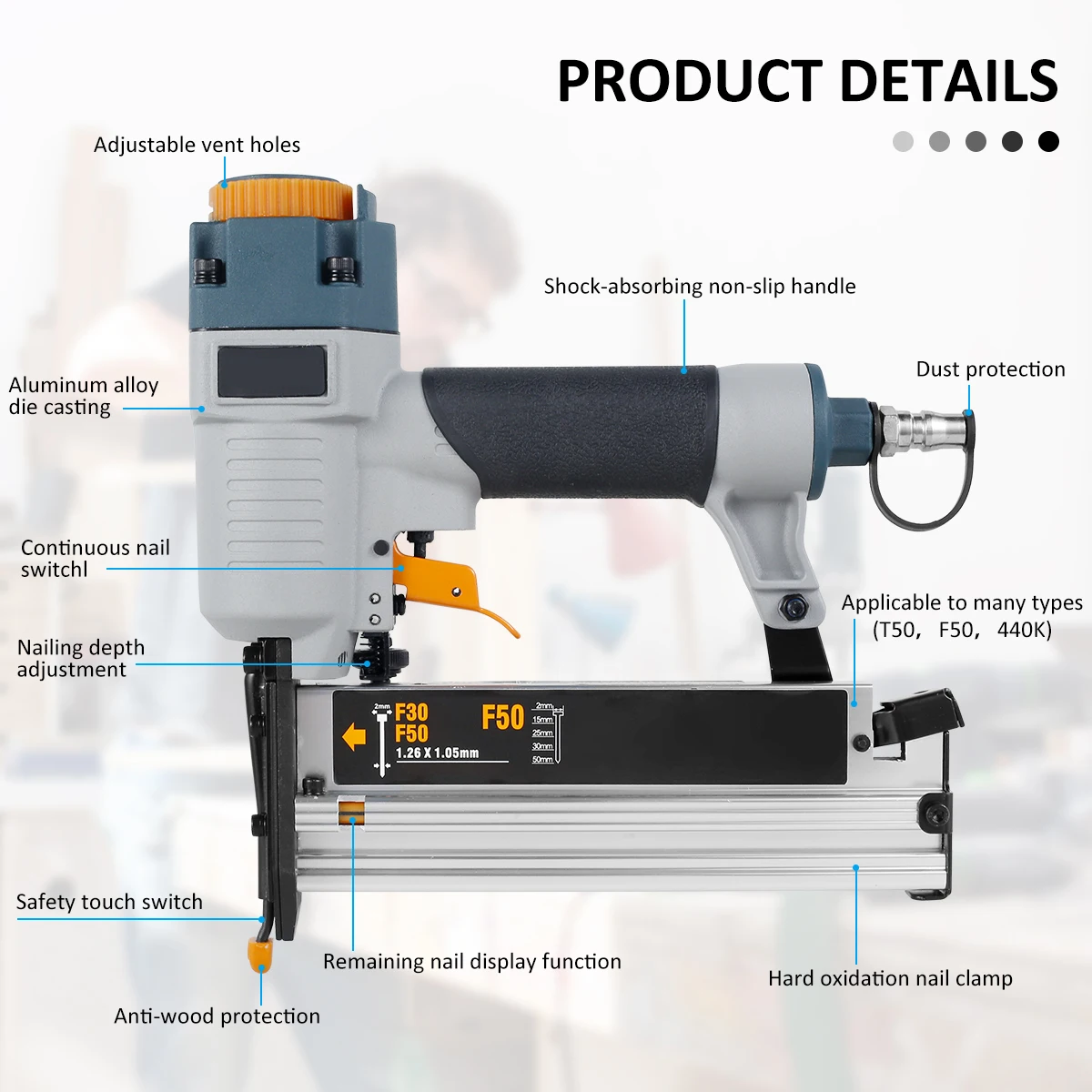 Air Pin Nailer Small Fixing Nail Guns T50 F50 440k 16ga/18ga Suitable for Furniture Board Baseboard Pneumatic Nail Gun