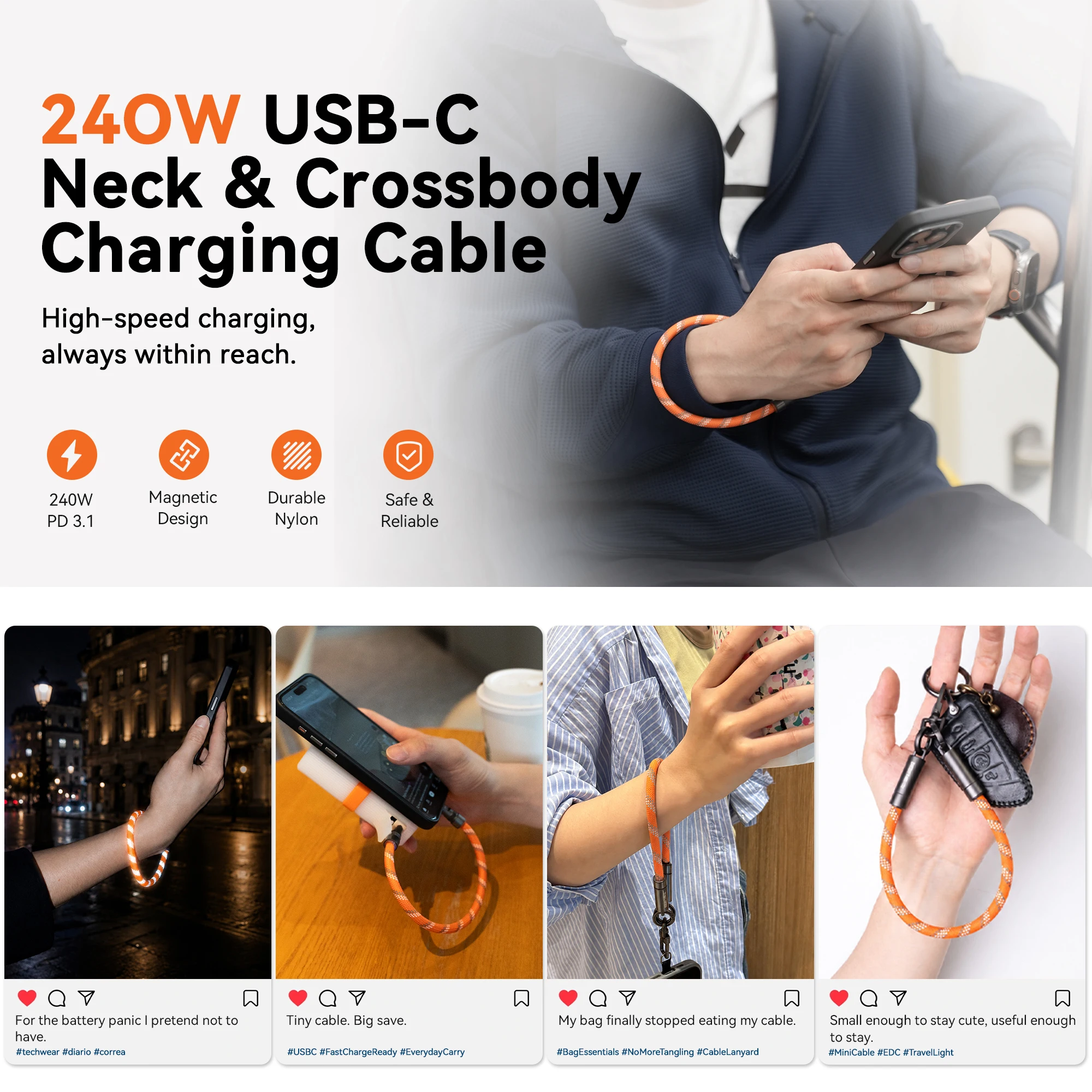 240W USB-C to USB-C Lanyard Charging Cable PD Fast Charger Cord 480Mbps Data Cable Hand Wrist Strap for Phone Camera Power Bank