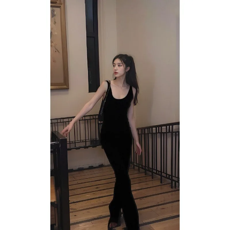 Combinaison noire élastique en forme de U pour femmes, col sans manches, bretelles, dos nu, pantalons longs décontractés, nouvelle collection printemps et été