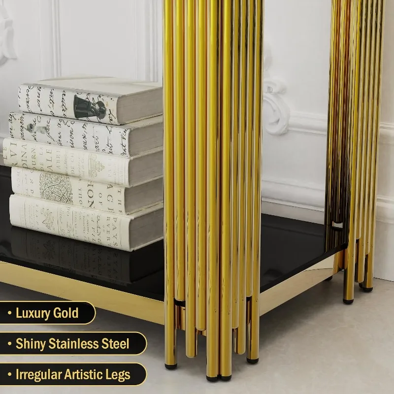Gold Console Table with Tempered Glass for Entryway Living Room, Modern Luxury Stainless Steel Sofa Side Table Narrow Porch view 4