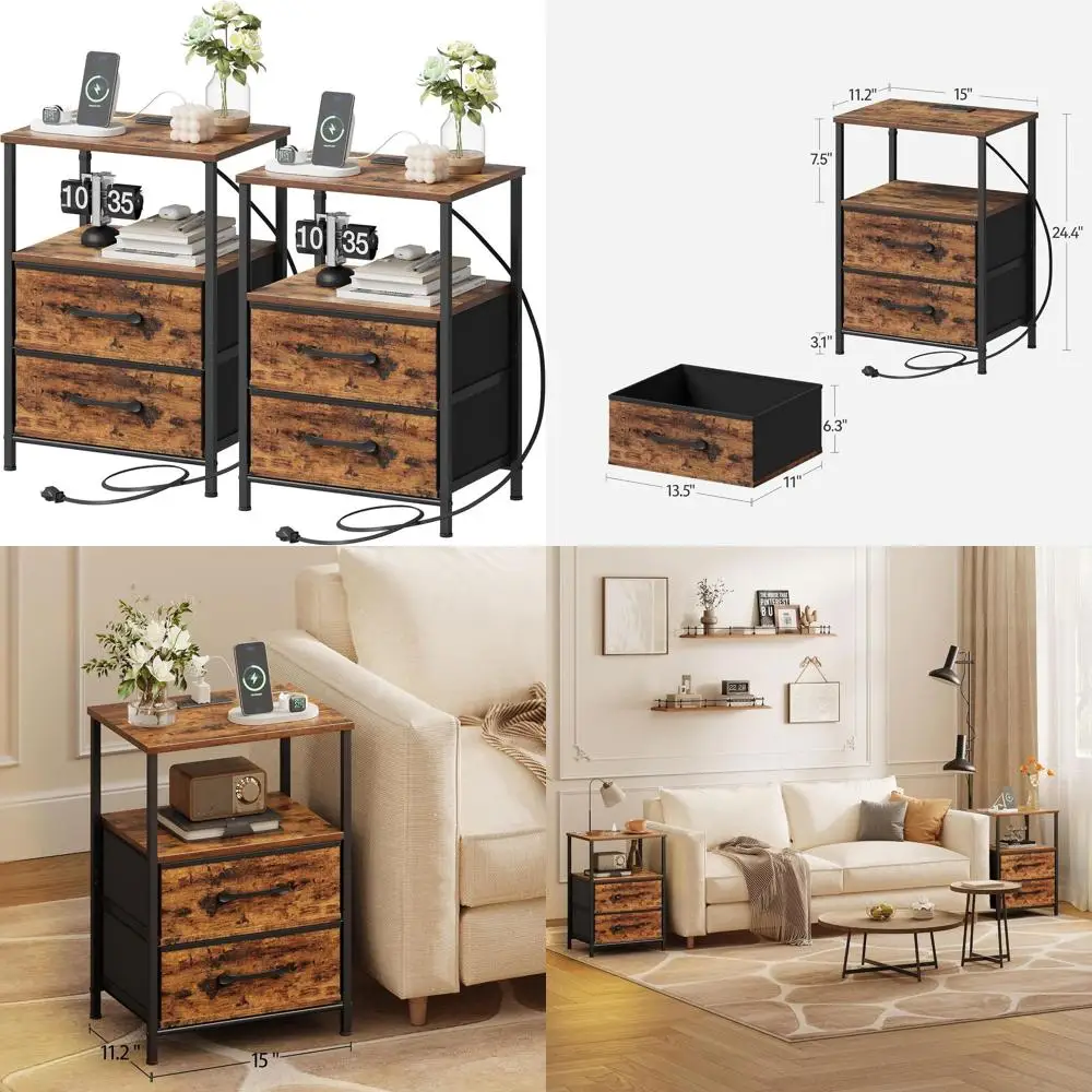 

Пара коричневых тумбочек в деревенском стиле с зарядной станцией и тканевыми ящиками