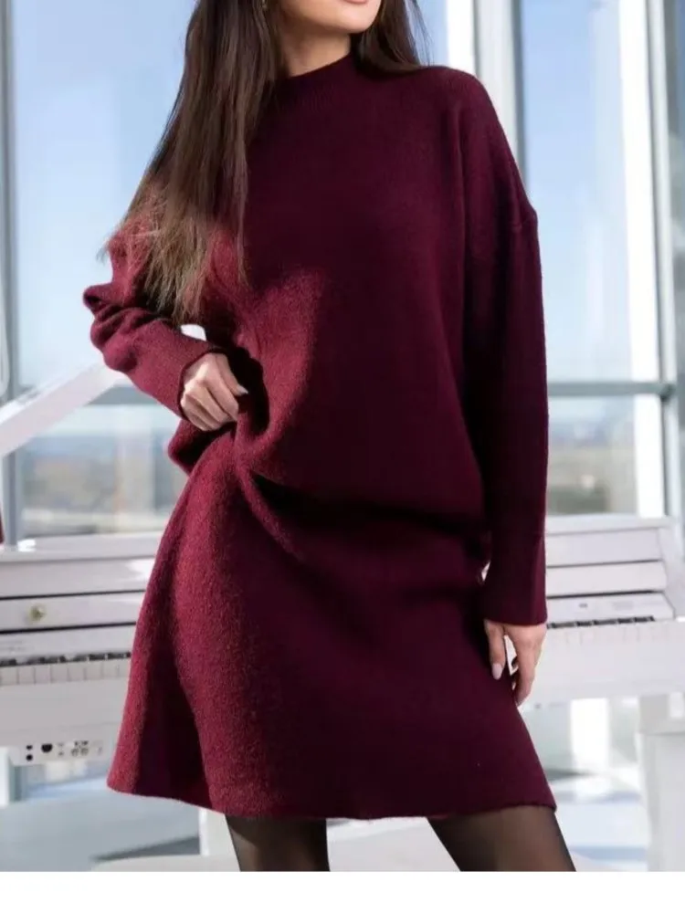 

Женская мода, свитер с воротником до половины, комплект с юбкой, осень и зима, новый свободный вязаный топ, юбка, вязаный повседневный комплект из двух предметов