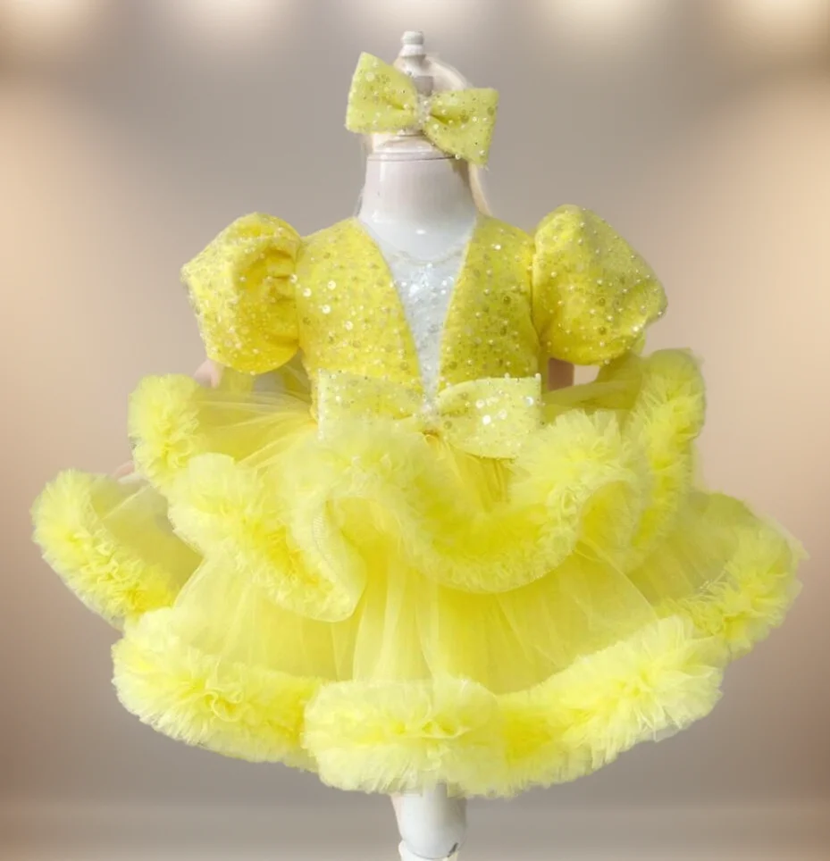 

Sparkle V-neck lace mesh bow Girl dress Elegant girl birthday party ball Evening dress for kids girl Baby Custom Madeirst Commu