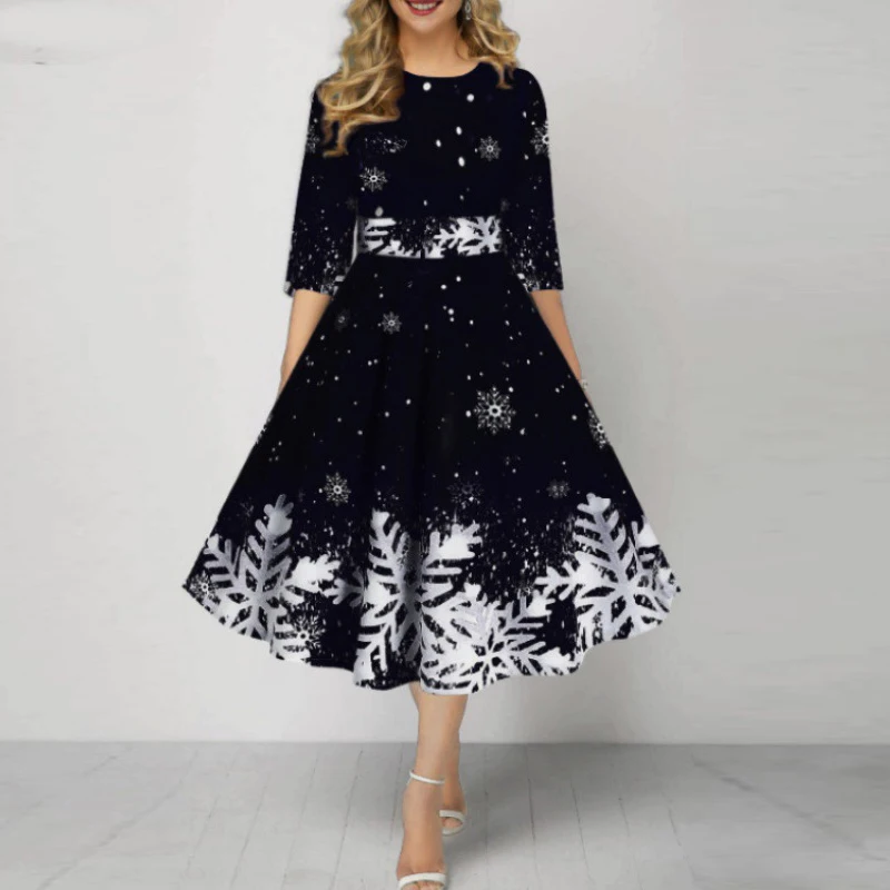 فستان عيد الميلاد للنساء برقبة دائرية 3/4 كم فساتين حفلات على شكل حرف a للنساء فستان ميدي مطبوع على الموضة فستان سهرة أحمر #3