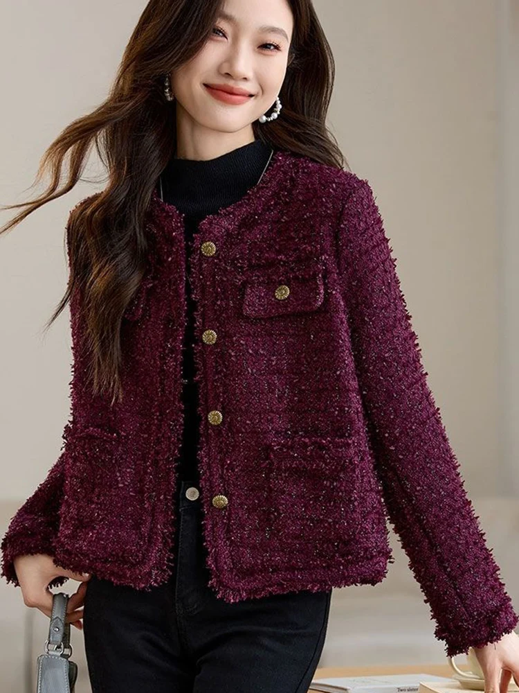 Jmprs Elegant Women Vintage Tweed Jacket Casual Fall Winter O Neck Slim Coat Korean Retro Long Sleeve Female All Match Sweet Top