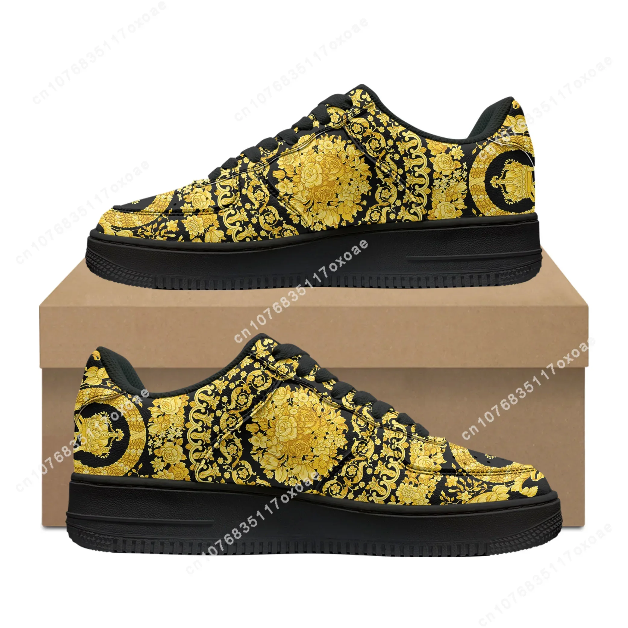 

Luxury Golden Floral Prints Shoes AF Basketball Mens Womens Sports High Quality Flats Force Sneakers Lace Up Mesh Custom Shoe