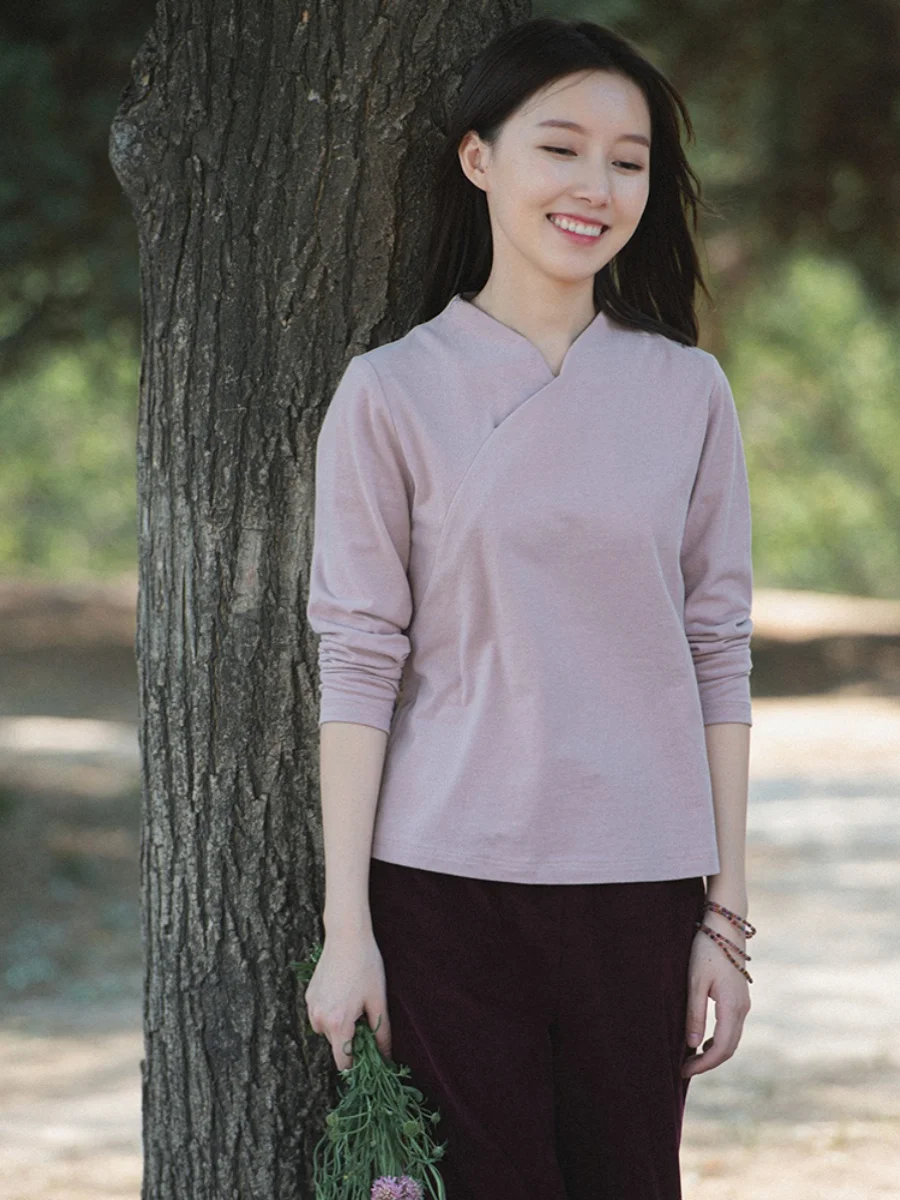 

Простая трикотажная длинная футболка с воротником-футболкой, китайский топ для молодых женщин, осенняя одежда из смеси хлопка