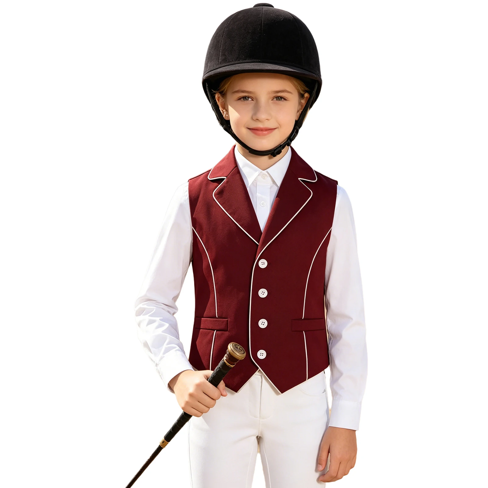 Kids Girls Sports Horse Riding Vest Lapel Collar Sleeveless Jacket Contrasting Asymmetrical Hem Button Waistcoat with Pockets