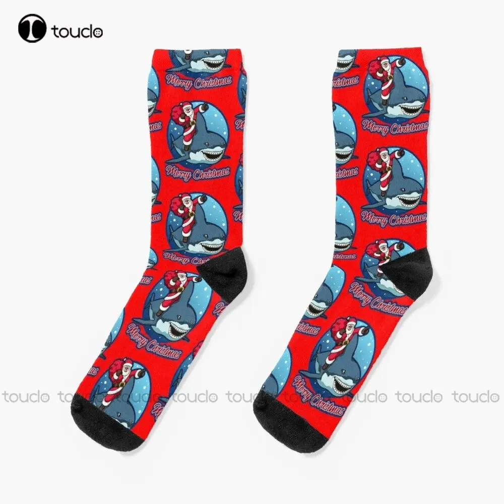 Santa Claus On A Cute Shark - Merry Christmas! Socks Pink Socks Personalized Custom Unisex Adult Teen Youth Socks Custom Gift