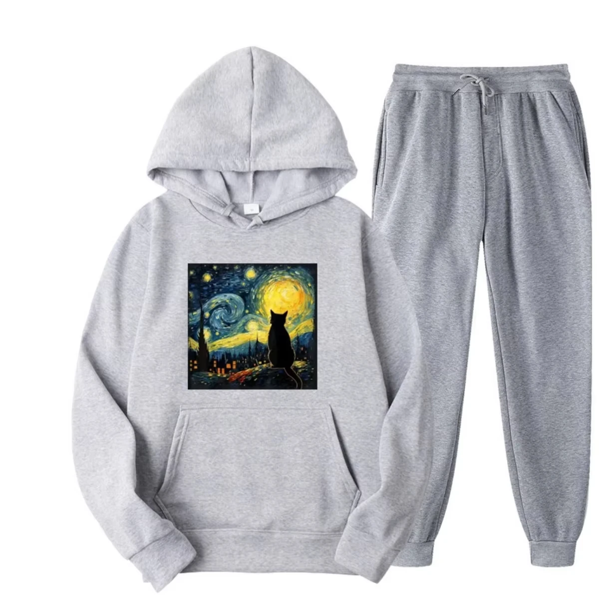 

Men's 2025 New Hot Fashion Women's Cat Starry Night Van Gogh Cat Love Cat Hoodie Set Casual Fashion Street Casual Loose