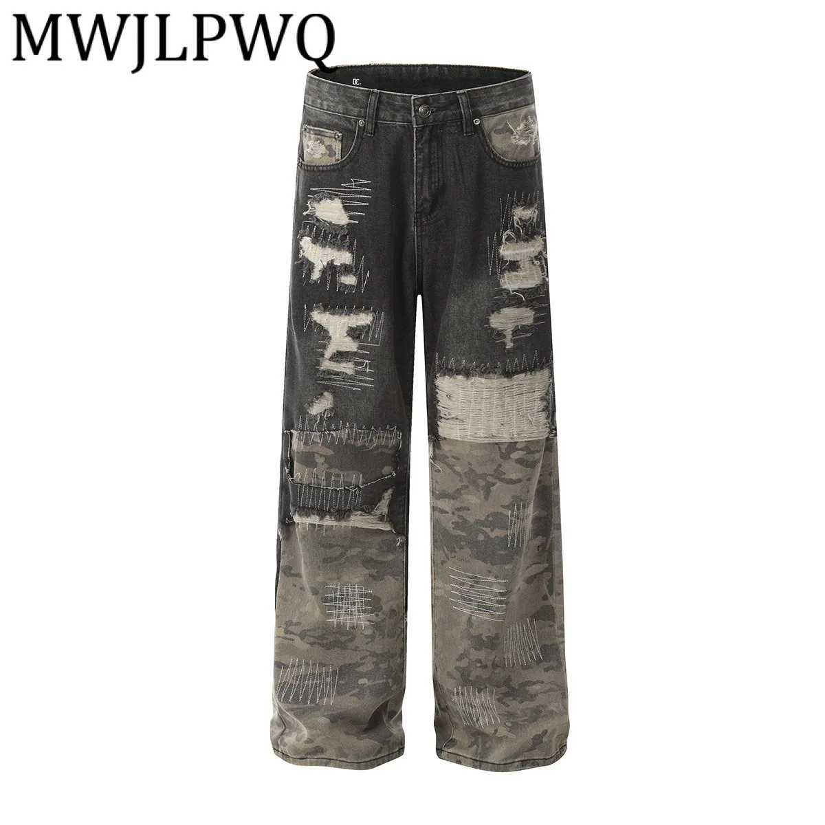 

MWJLPWQ модные 2024 новые уличные камуфляжные лоскутные джинсы с дизайном Vibe, осенние повседневные прямые свободные длинные брюки 21409