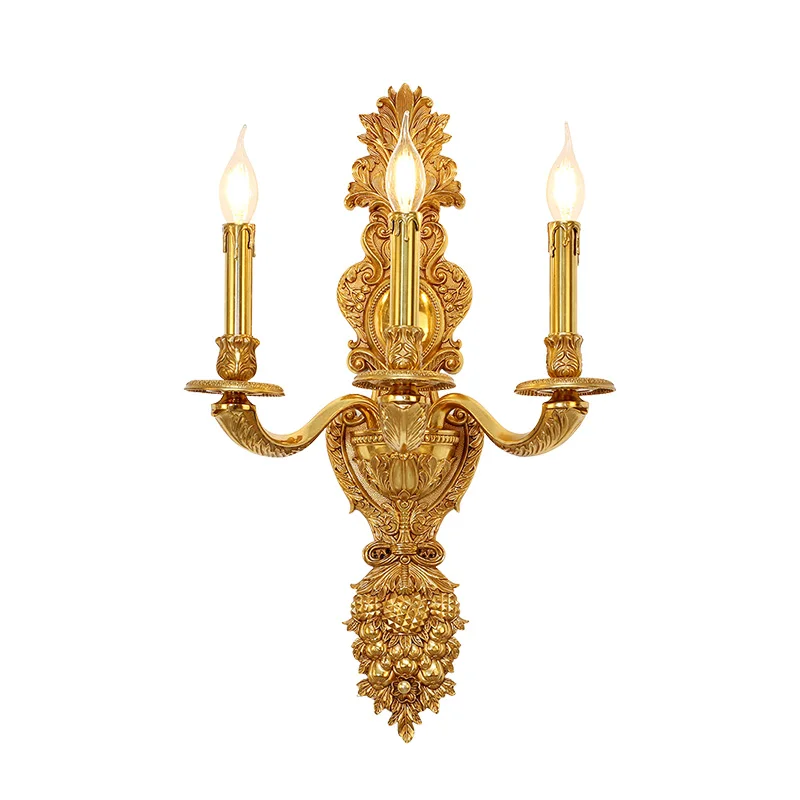 French Baroque Brass Living Room Wall Lights Hotel Villa Bedroom Lamp European Church Corridor Copper Wall Sconce