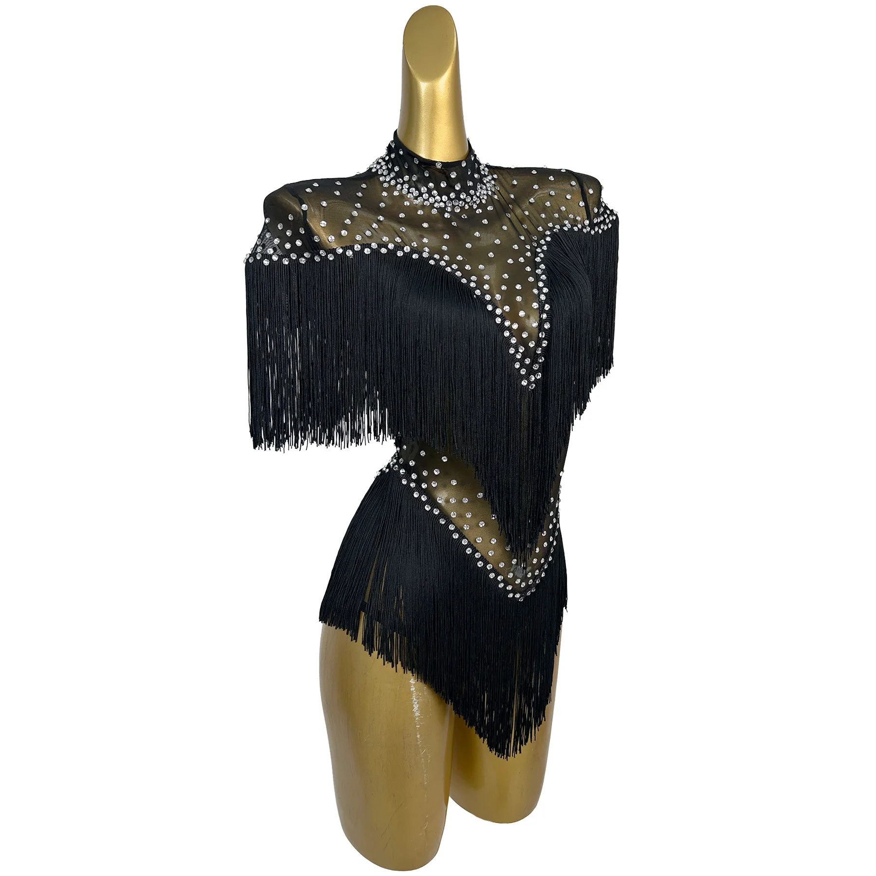 Caizhuangduanxiu Luxury Black Sheer Mesh Clear Crystal Fringe Catsuit High Collar Cape Shoulder Tassel Trim Nightclub Rave Outfi