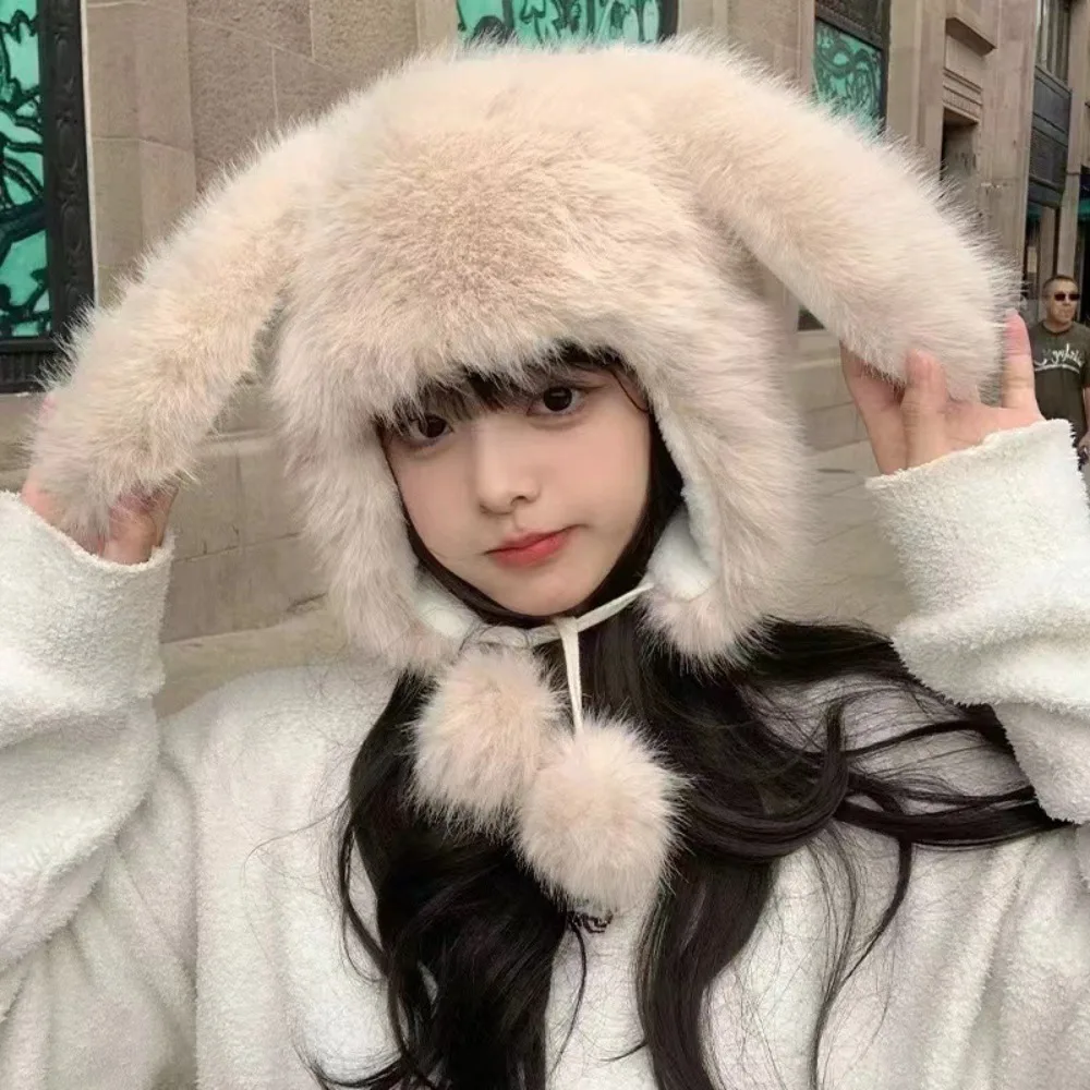 New Plush Rabbit Ears Hat Cartoon Ear Protection Overhead Cap Warm Thickened Plush Hat Autumn and Winter