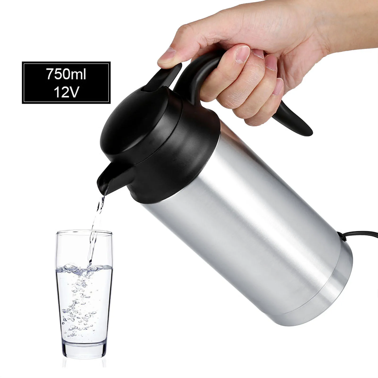 Bouilloire électrique en acier inoxydable pour voiture, tasse chauffante, chauffe-café de voyage, arrêt automatique pour boissons chaudes, 12V, 750ml, 750ml