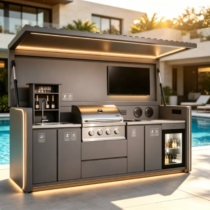 Modular Outdoor Kitchen Cabinet Luxury Custom Stainless Steel BBQ Grill Integrated Pergola Gazebo For Outdoor Cooking