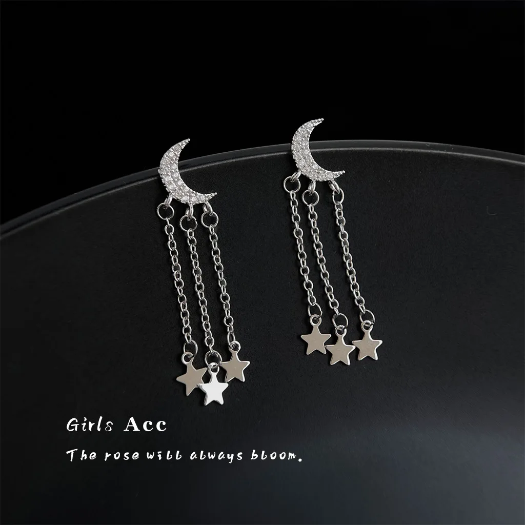 

Exclusive Star Moon Tassel Earrings Long Dangle Zirconia Ear Studs for Women Trendy Sweet and Edgy Style Luxury Fashion Jewelry