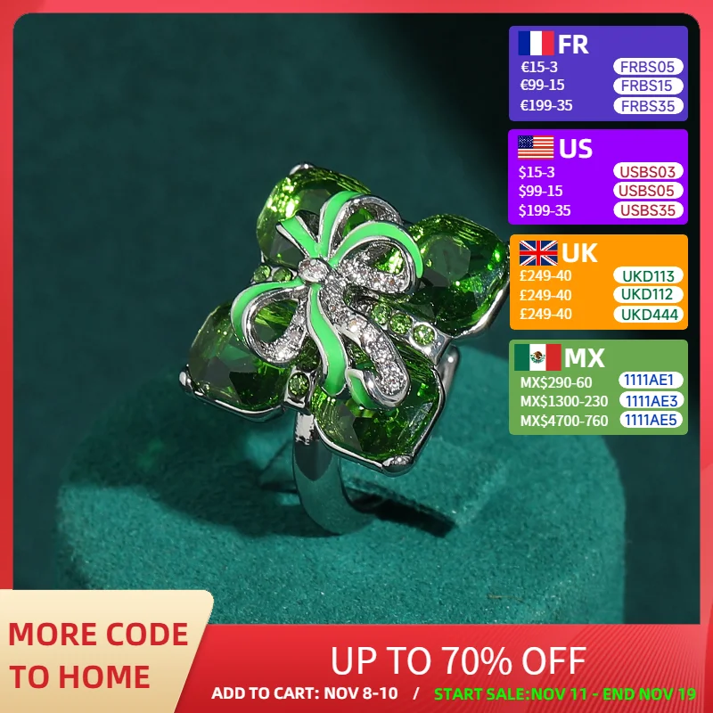 

Vintage Emerald Green Rings Crystal Bowknot For Woman Gifts Cubic Zincon Silver Color Retro Wedding Accessories New 2025 Trend