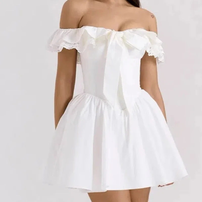 

Off-shoulder Backless Sexy Mini Dress Women Fashion White Strapless Sleeveless High Waist Patchwork Lace Club Dress Female