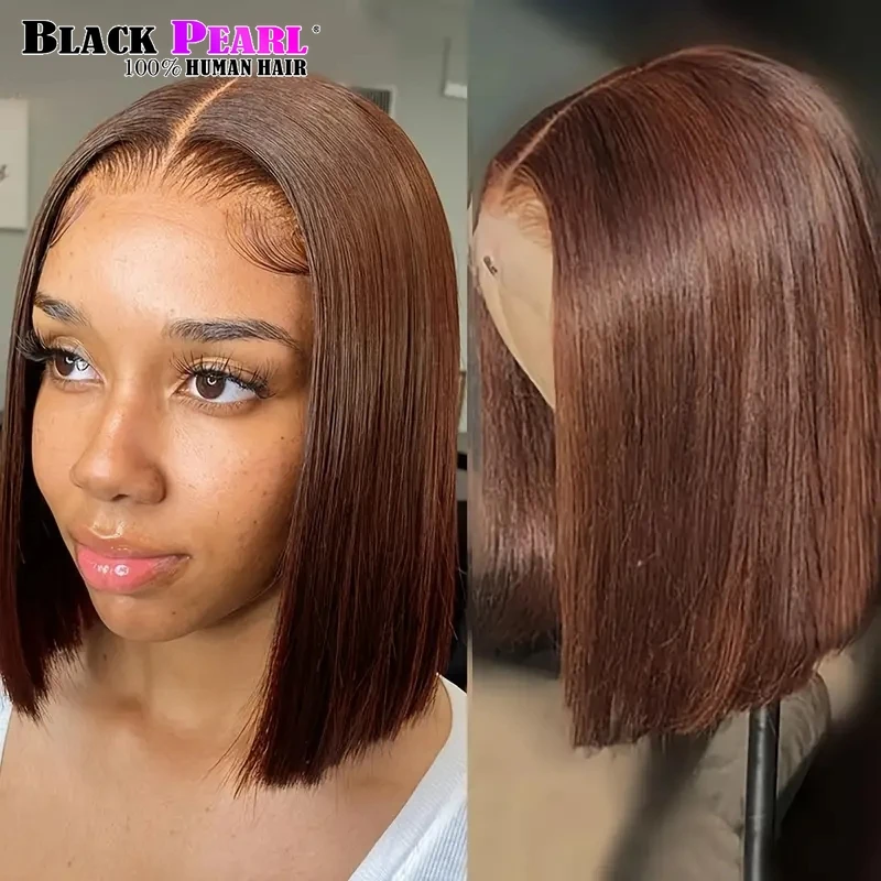 #33 Short Bob Wig Peruvian Straight Lace Front Human Hair Wigs For Women Reddish Brown Lace Part Wig With Baby HairBrown Color