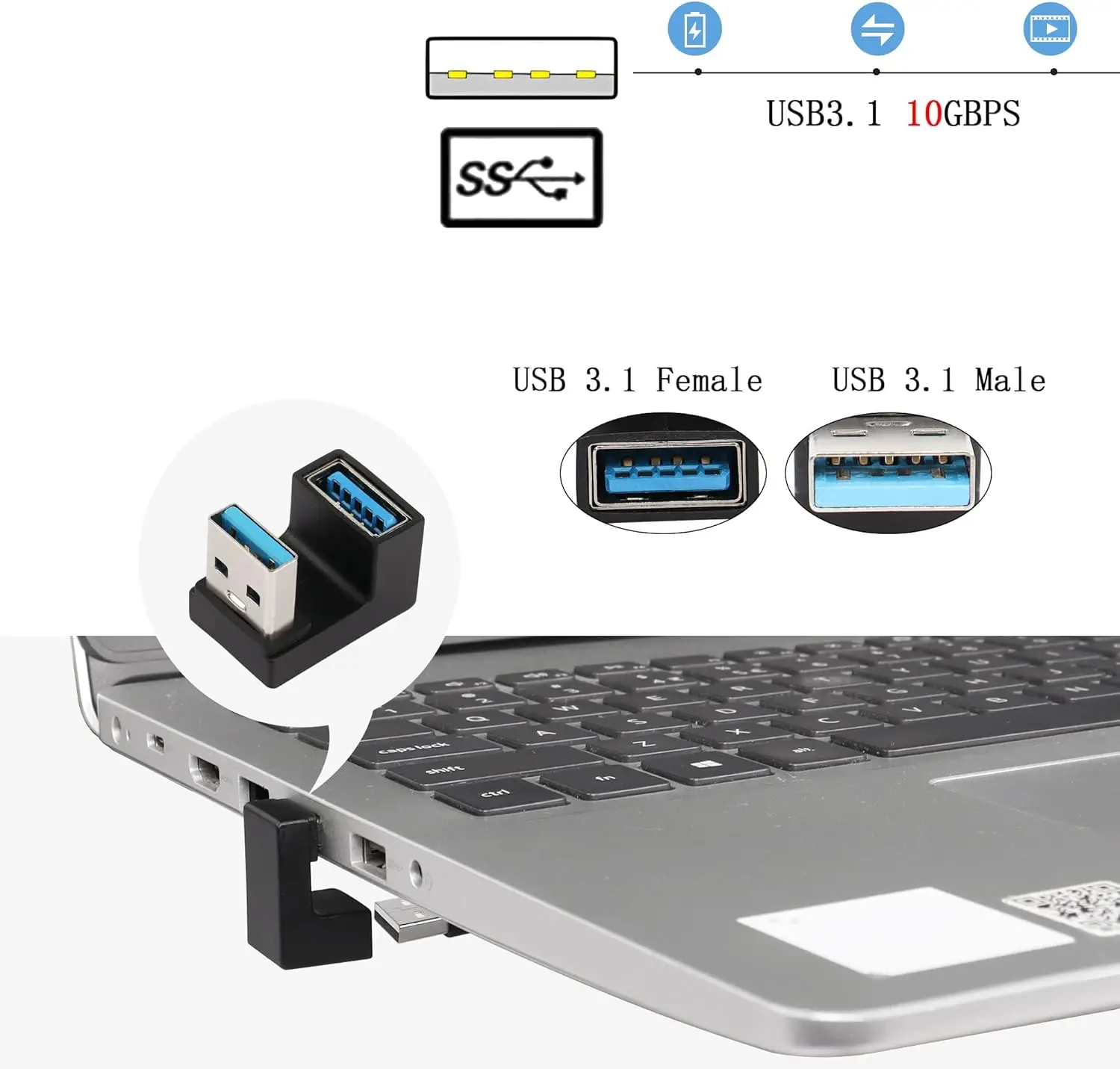 U-forma usb 3.1 adaptador, macho para fêmea conector de acoplador, 10 s, usb tipo a, transferência de dados, otg para pc e laptop, 2pack