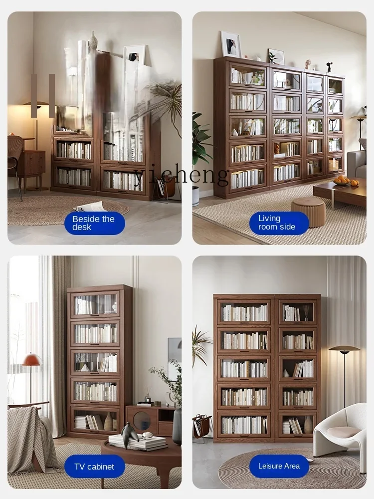 Solid Wood Glass Door Bookcase Dustproof Entire Wall Household Floor-Standing Rack Display Cabinet