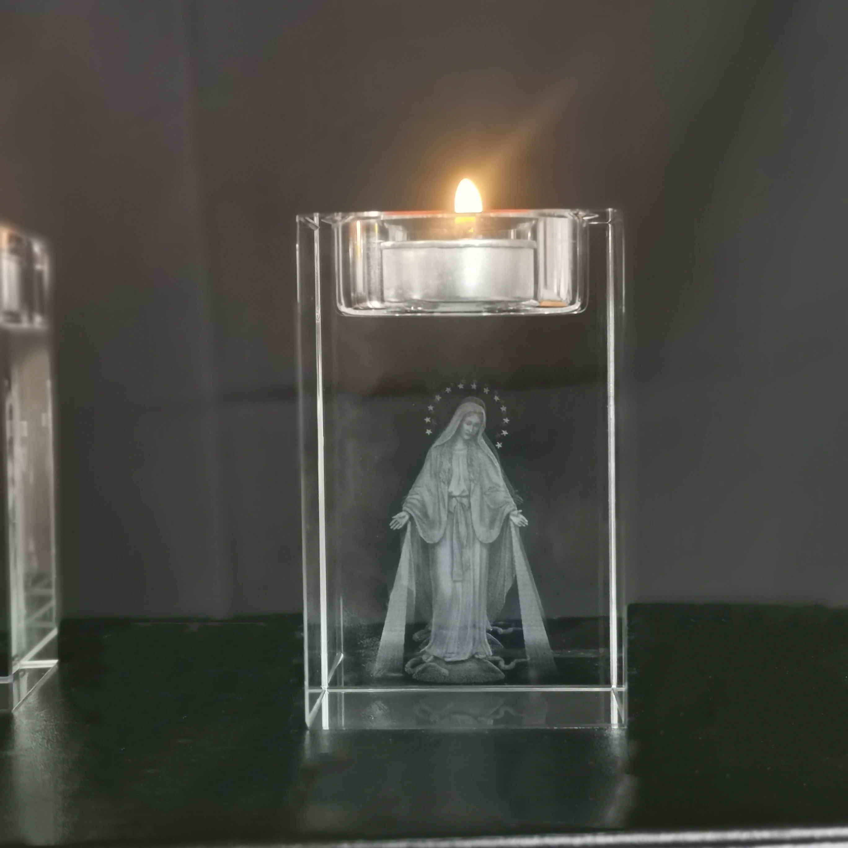 Crystal Glass Tealight Candle Holders 3D Cross Jesus Statue Laser Engrave Decor Our Lady of Mary Sculpture Altar Candlesticks