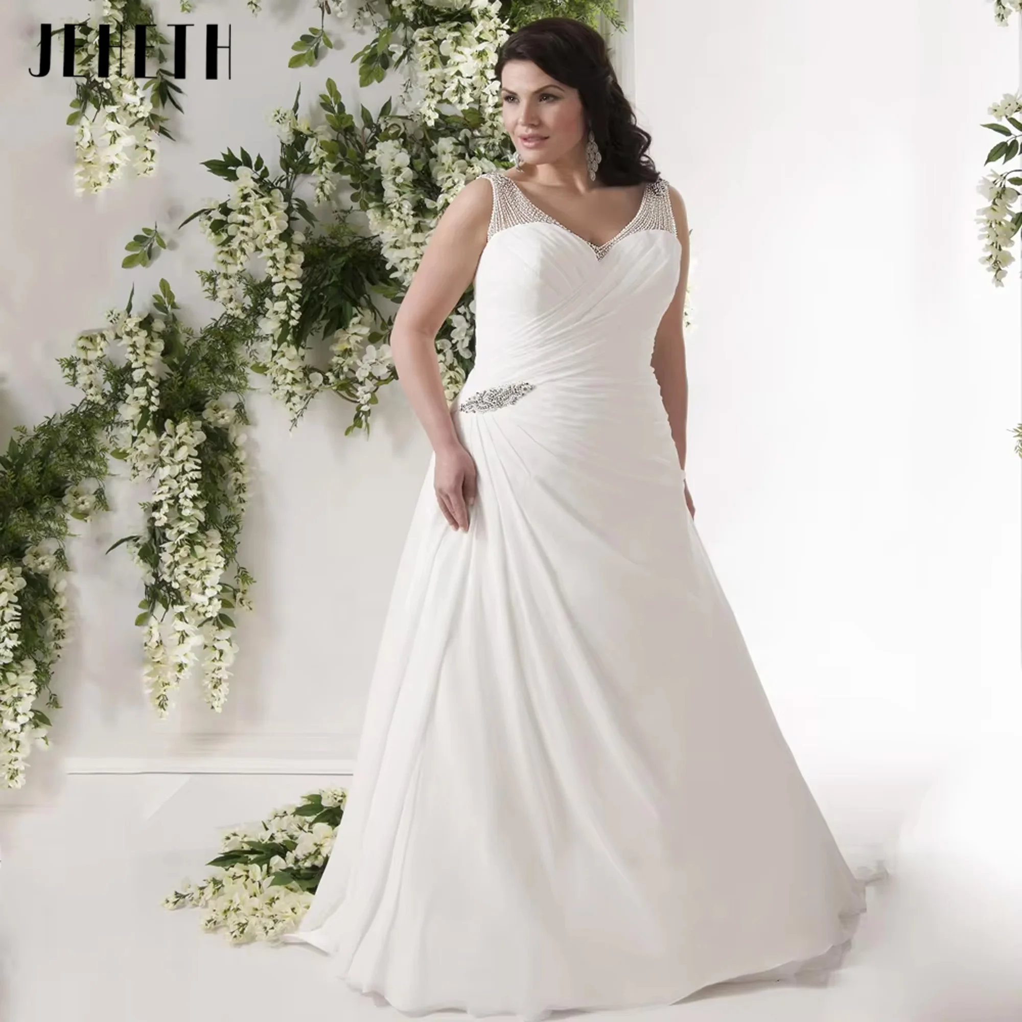 

JEHETH Sexy Plus Size Wedding Dress V-Neck Sleeveless Beading Sequin Mermaid Bridal Dress for Women Vestido De Noiva Customized