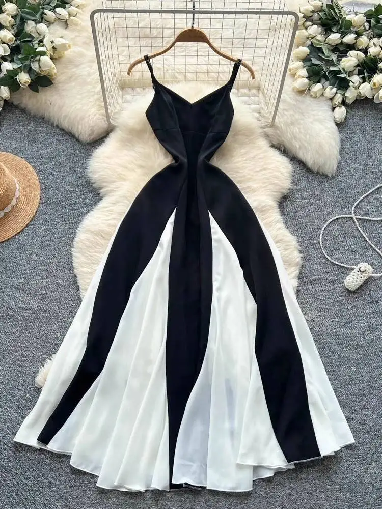 Abito da spiaggia vintage da donna a vita alta nero bianco a contrasto abiti lunghi eleganti da donna abiti lunghi Boho senza schienale slim