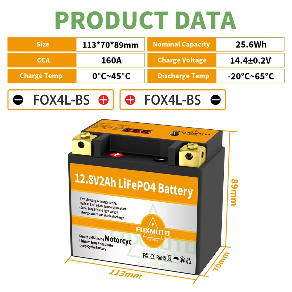 FOX4L-BS 12V 25.6Wh CCA 160A BMS Motorcycle Start Battery 12.8V Lithium iron Phosphate Scooter LiFePO4 Batteries YTX4L-BS YTX4L