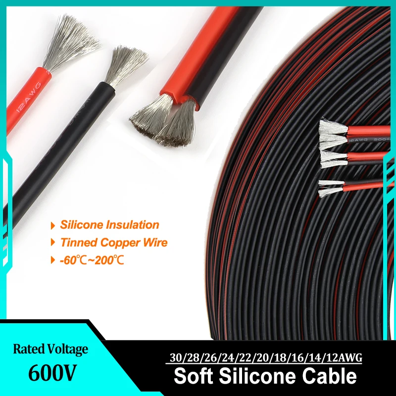 

1-10M Silicone 2Pin Wire 30/28/26/24/22/20/18/16/14/12AWG Automotive Car Solar Panel Battery Connection Tinned Copper Cable