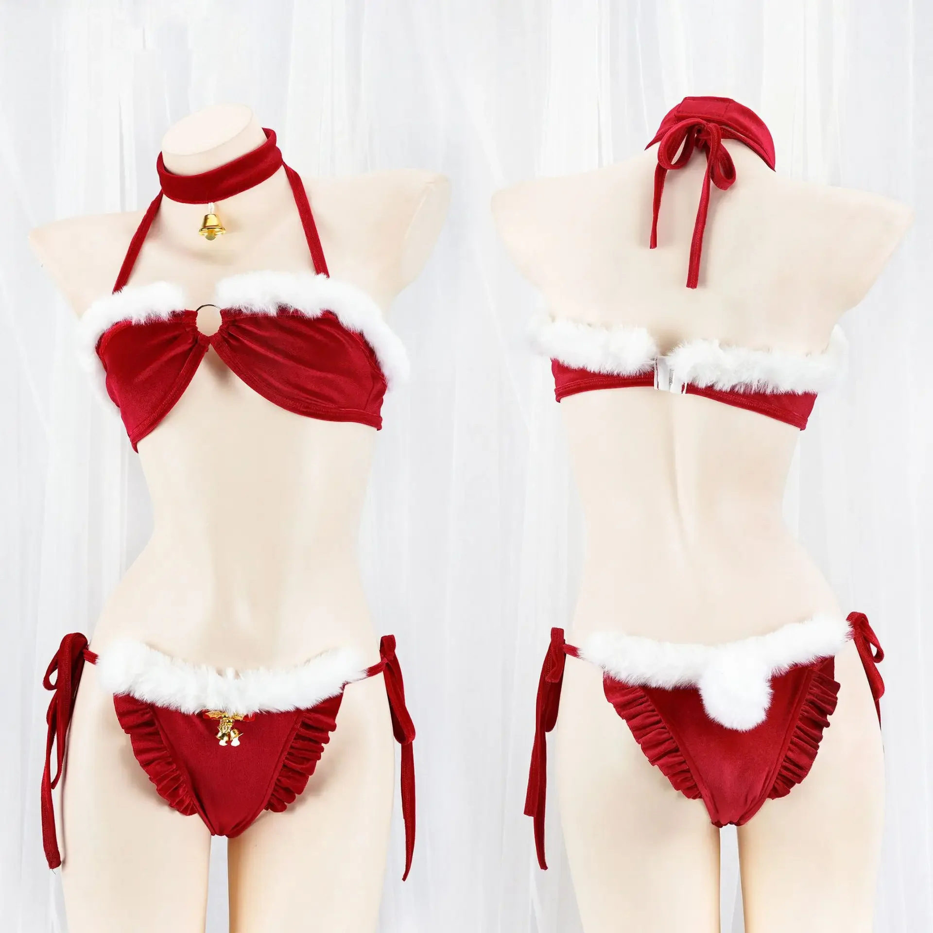 Santa Claus Cosplay Christmas Girl Plush Bikini Uniform Bra Set For Women Winter Warm Underwear Role Play Costumes Gift Party