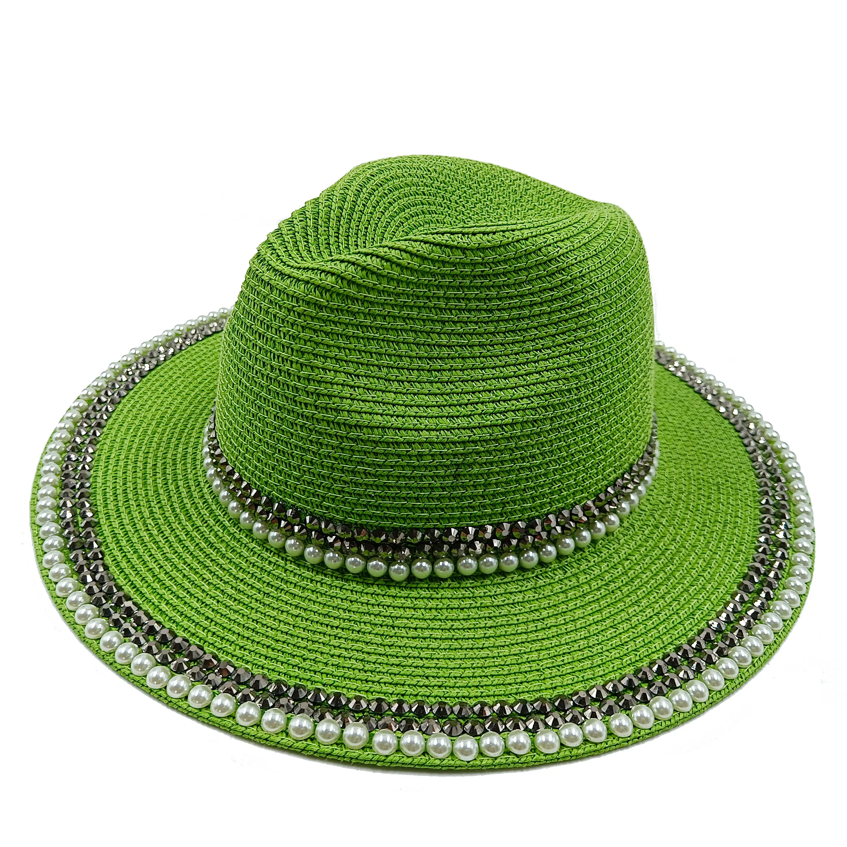 Panama big brim hat sunscreen hat pearl hot drill top hat solid color woven hat paper hat straw hat jazz hat