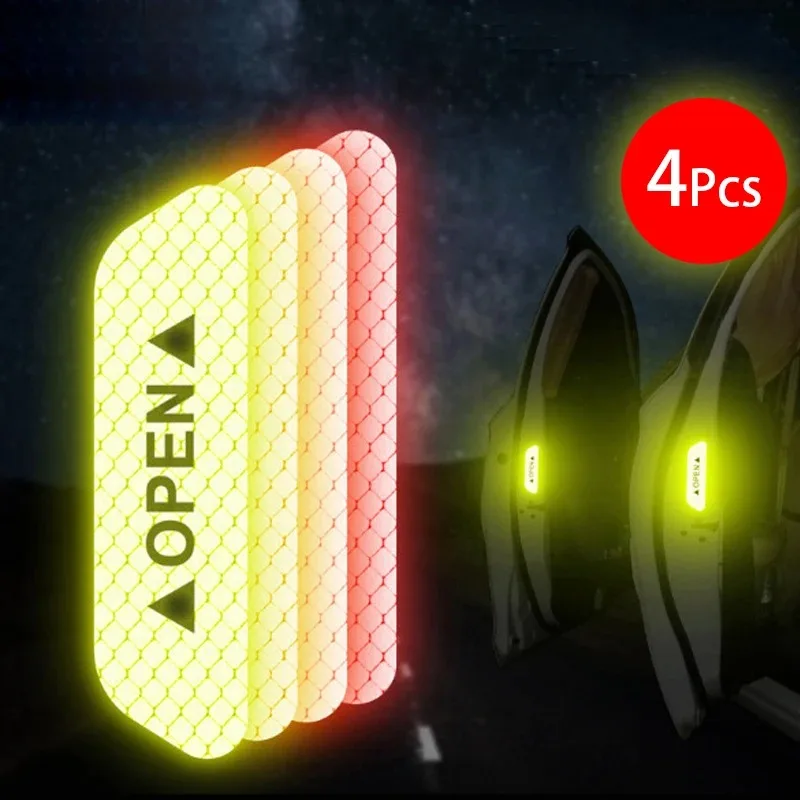 4Pcs/set Car Door Stickers Universal Safety Warning Mark OPEN High Reflective Tape Motorcycle Bike Helmet Fluorescent Sticker
