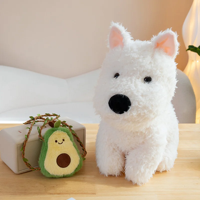 Adorable Sitting West Highland Doggy Plush Toys With Fruit Backpack Soft Fluffy Puppy Toys Nice Gift To Children For Birthday