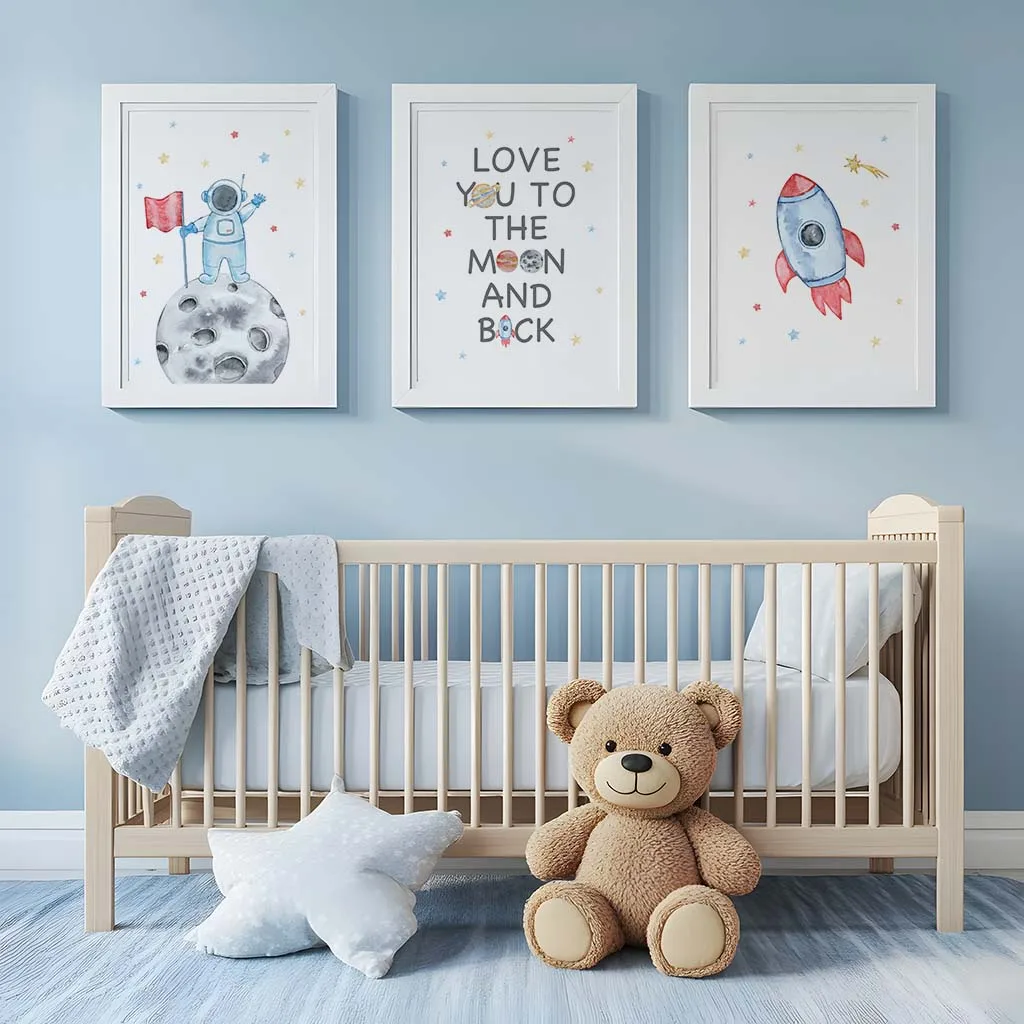 

Space Nursery Wall Art, Watercolor Astronaut Rocket Letter Canvas Painting Poster for Baby Kids Room Wall Decor