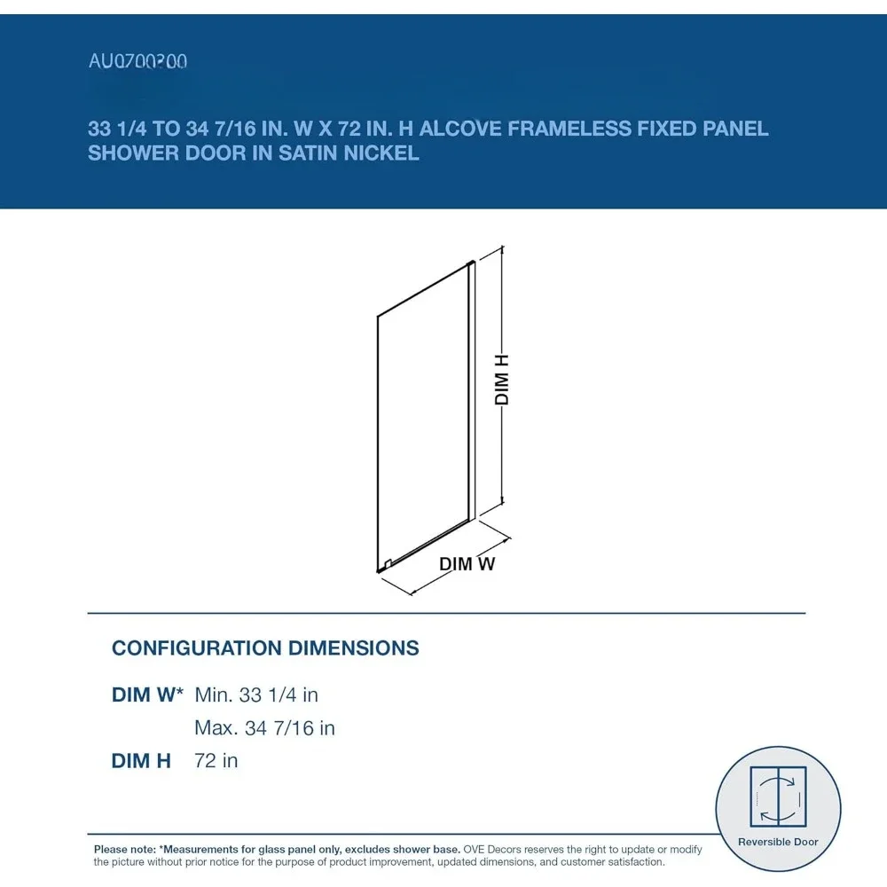 ‎0.79 X 34.41 X 72.01 Inches Shower Doors, Satin Nickel, Alcove Frameless Walk-in Fixed Panel Shower Doors