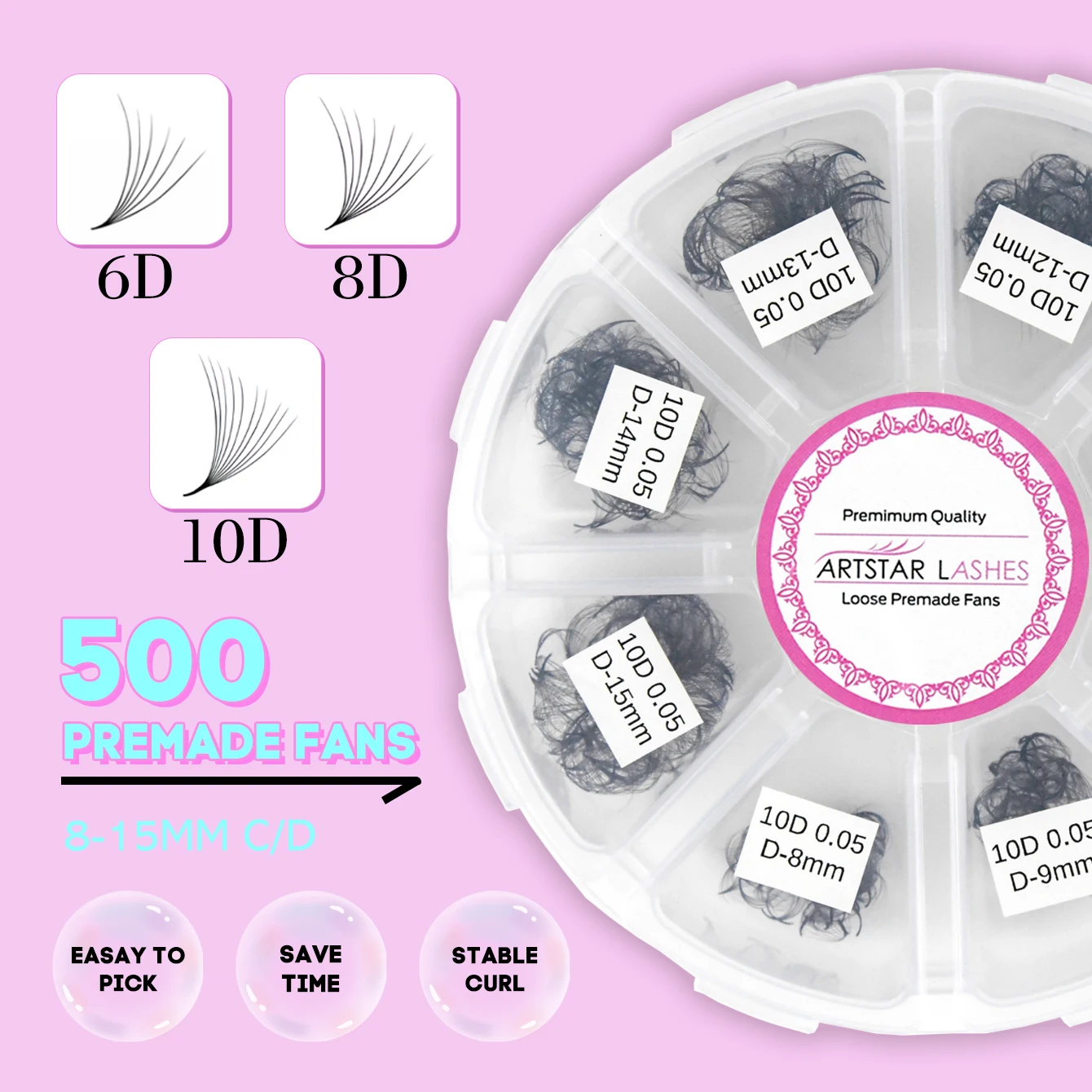 ARTSTAR 500 Fans Loose Fan Eyelash Extensions  Mix8-15mm 6D 8D 10D False Eyelashes Pointy Base  Volume Premade Fan Lashes