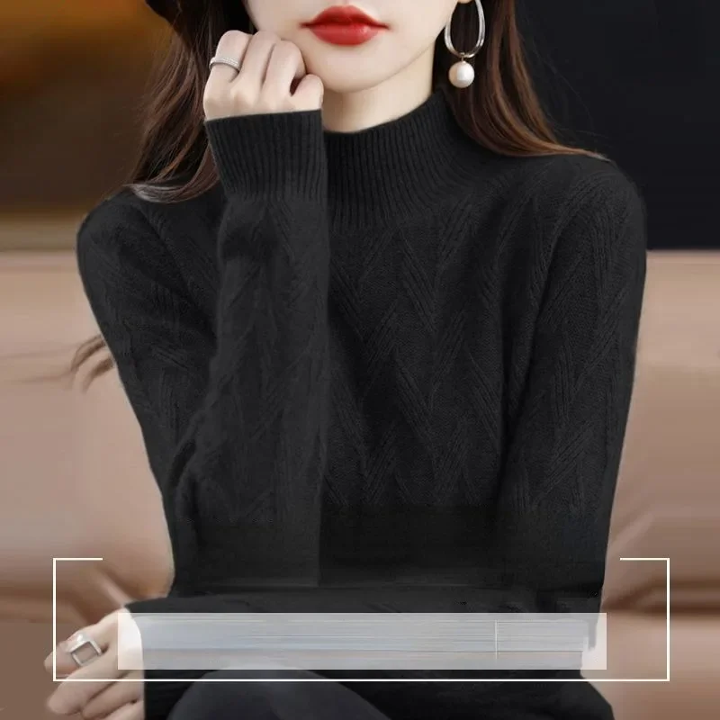 Cashmere Sweater Women Autumn Winter Half High Neck Loose Versatile Wool Undershirt Base Shirt Warm Top Pullover Style Sweater