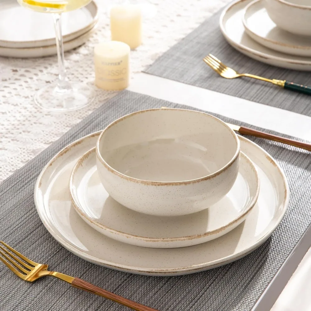 طقم أواني طعام حجرية متينة مع حواف مموجة - مقاومة للخدش، آمنة للاستخدام في غسالة الأطباق والميكروويف