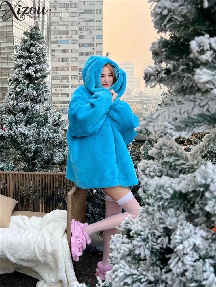 Rabbit Ear Plush Thick Jackets Cute Hooded Mid-Length Jacket Women's Faux Fur Coat  Winter Clothes Women 2025 Fashion Coats