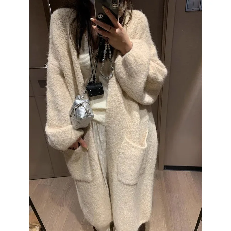 

Oversized Korean Cardigan Women 2025 Winter Thick Long Knit Coat Sleeveless V-Neck Open Front Lazy Style Warm Wrap