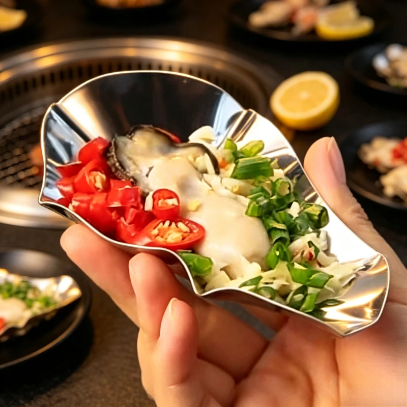 Stainless Steel Oyster Shaped Sauce Dish BBQ Dipping Plate Snail Conch Serving Tray Restaurant Seasoning Small Plate
