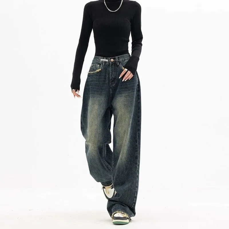 Jeans a gamba larga primavera autunno Pantaloni in denim a vita alta da donna Jeans da donna Harajuku Vintage stile BF Allentato Femme Streeetwear