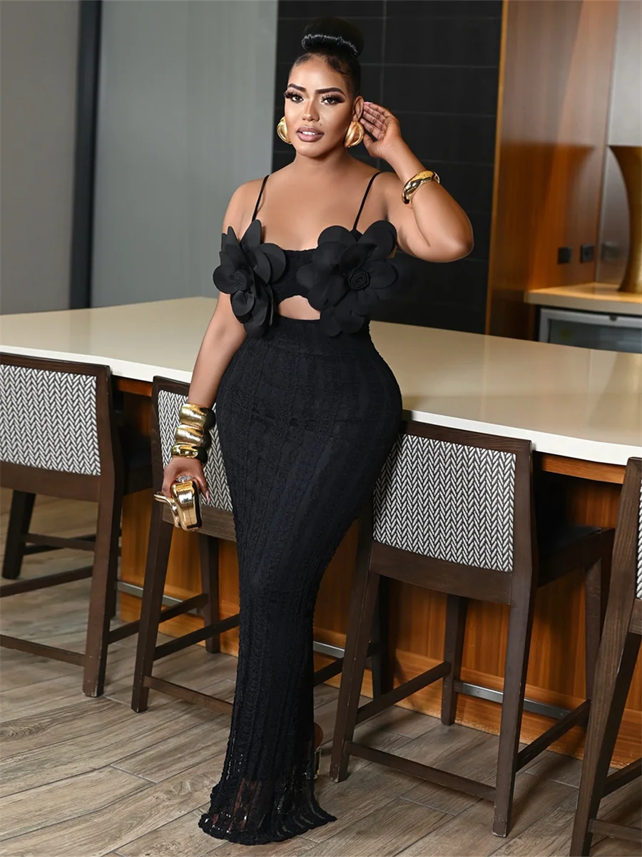 Kliou Moda sexy Abiti lunghi Donna Decorazione floreale 3d Collo basso Senza maniche Backless Hot Girls High Street Style Abiti