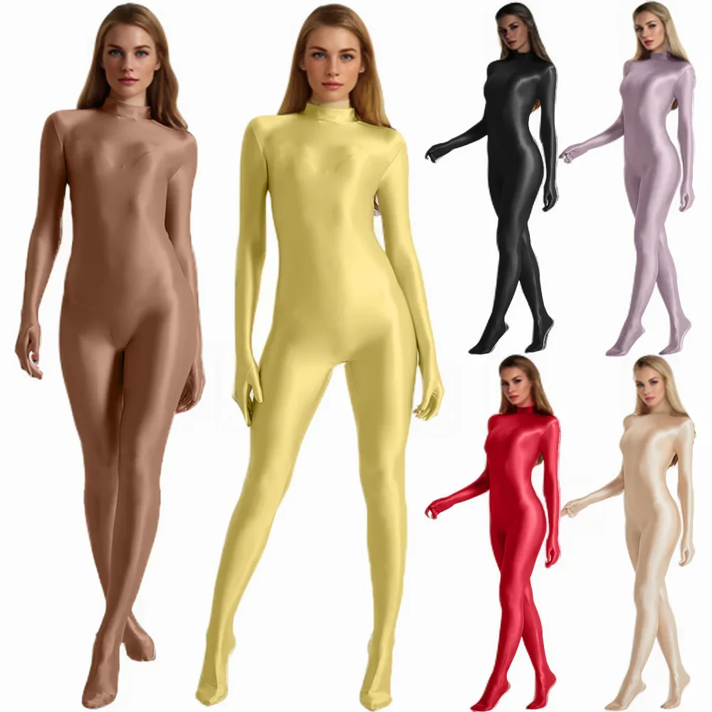 Women Oil Stretch High Neck Bodycon One Piece Jumpsuit Long Sleeve Gloves Zentai Overalls Yoga Fitness Cosplay Costumes Bodysuit