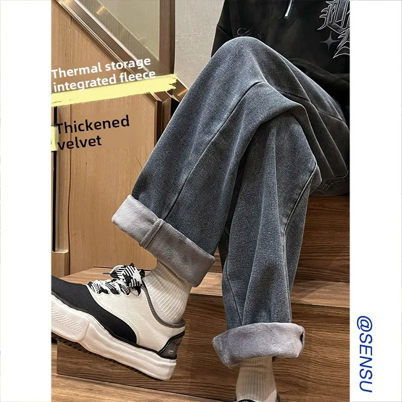 

American Sle Dstring Wide Leg Jeans Women Winter New Thiened Fce High Waist Straight Leg ey Pants Slimming